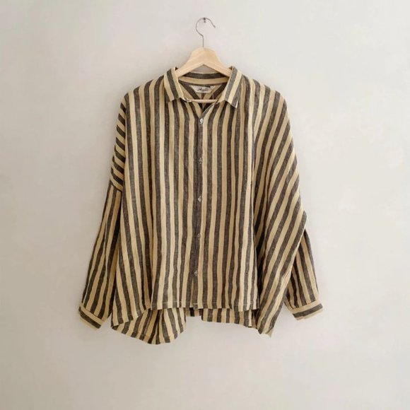 Ichi Antiquites Tops - Ichi Antiquites Linen Azumadaki stripe shirt in blue and beige one size